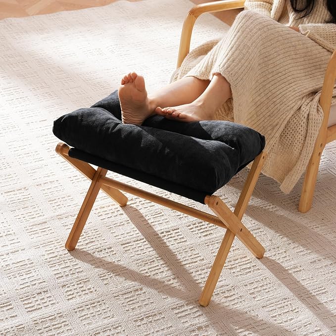 Baveke Ottoman Foot Rest- Bamboo Foldable Stool, Foot Stools Small Ottman with Upholstered & X Legs, Folding Stool for Makeup, Bedroom and Living Room (Black)