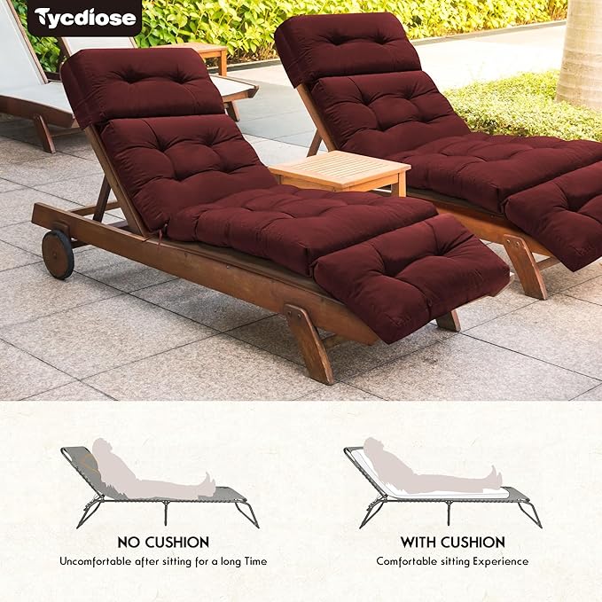 Outdoor Chaise Lounge Chair Cushion Set of 4, Thickened 74.4 x 22 x 4.7 Inches Memory Foam Waterproof Lounge Chair Cushions Replacement for Outdoor Furniture with Ties, Red