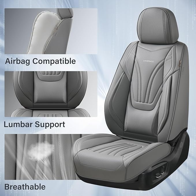 Coverado Car Seat Covers Front Seats, 2 Piece Car Seat Protector with Lumbar Support & Removable Headrest, Breathable Leather Seat Cushion Universal Fit for Truck Automotive Vehicles Gray