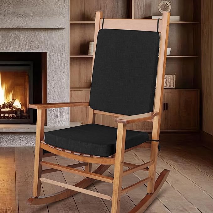 Rocking Chair Cushion Set with Machine Washable Cover Non-Slip Rocking Chair Cushions Indoor Seat and Back Pads with Ties 1 Pack, 2 Piece Set, 20"x 17"x 2" (Black)