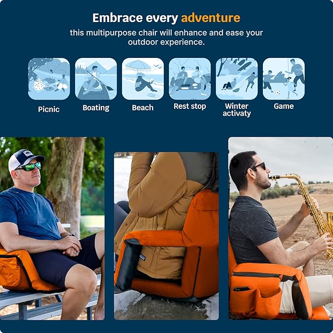 Alpcour Reclining Stadium Seat – Wide Bleacher Chair with Back Support and Cushion, Armrests, Side Pockets, and Bleachers Hook – Best Stadium Seats Chairs for Camping, Kayak, & Paddle Board Backs