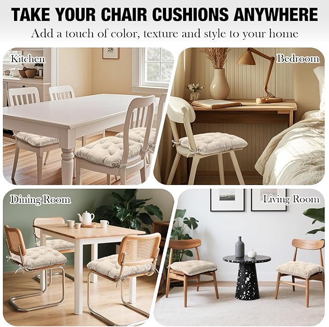 Nuanchu Memory Foam Chair Cushions Set of 4, Thick Indoor Seat Cushions for Dining Chairs Tufted Seat Pads for Kitchen, Dining Room, Office,(Ivory White,15.5"x15.5"x4")