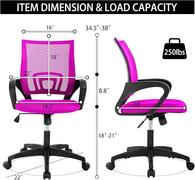 Ergonomic Office Computer Desk Chair, Mid-Back Mesh Rolling Work Swivel Task Chairs with Wheels, Comfortable Lumbar, PVC Base, Pink