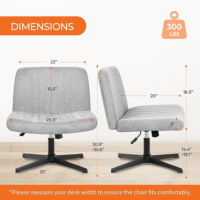 NEO CHAIR Criss Cross Chair No Wheels Armless Cross Legged Office Desk Wide Comfy Vanity Makeup Chair Adjustable Computer Task for Home Office Fabric (Grey)