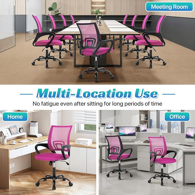 Ergonomic Office Chair Mesh Mid Back with Lumbar Support Armrest, Adjustable Home Desk Chair Comfy Computer Task Drafting Rolling Swivel Chairs for Gaming, Home Work, Study, Pink