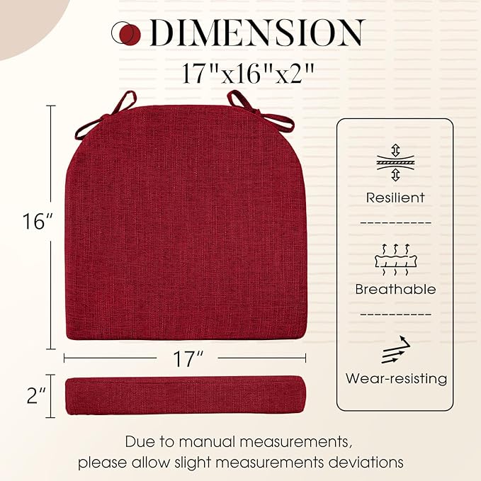 Basic Beyond Chair Cushions for Dining Chairs with Ties and Removable Cover, 2" Thick Seat Cushions for Kitchen Chairs, Set of 4, 17" x 16", Red