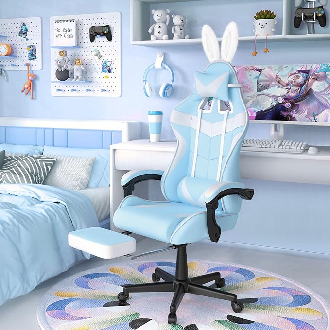 Soontrans Light Blue Gaming Chair with Footrest,Lovely Cute Bunny Computer Gamer Chair,Kawaii Desk Chair for Granddaughter,Sister,Girlfriend,Wife and Love