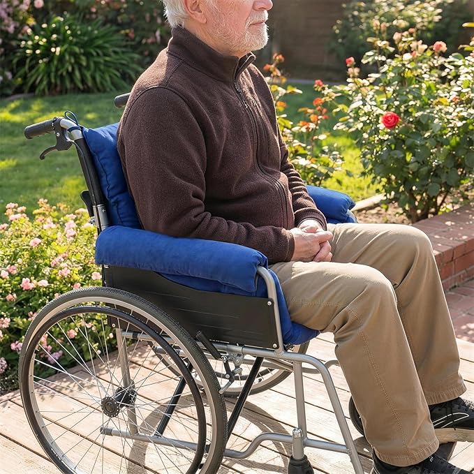 Wheelchair Cushions，Pressure Pain Relief Accessories with Armrest Covers. Supports Coccyx & Back, Non-Slip. Fits 18" Wheelchair with Full Arms, Blue.