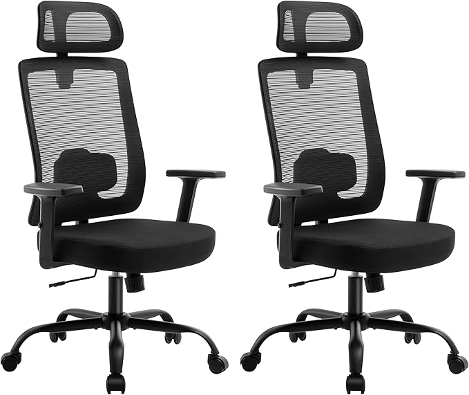 Ergonomic Office Chair Mesh Back, Office Desk Chair with Adjustable Lumbar Support, Rolling Work Chairs with Wheels and 3D Headrest, Set of 2, Black