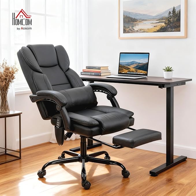 HOMCOM Massage Office Chair with Foot Rest and 6 Points Vibration, Executive Office Desk Chair with Scratch-Resistant Faux Leather, Reclining Back, Comfy Lumbar Support, Remote, Black