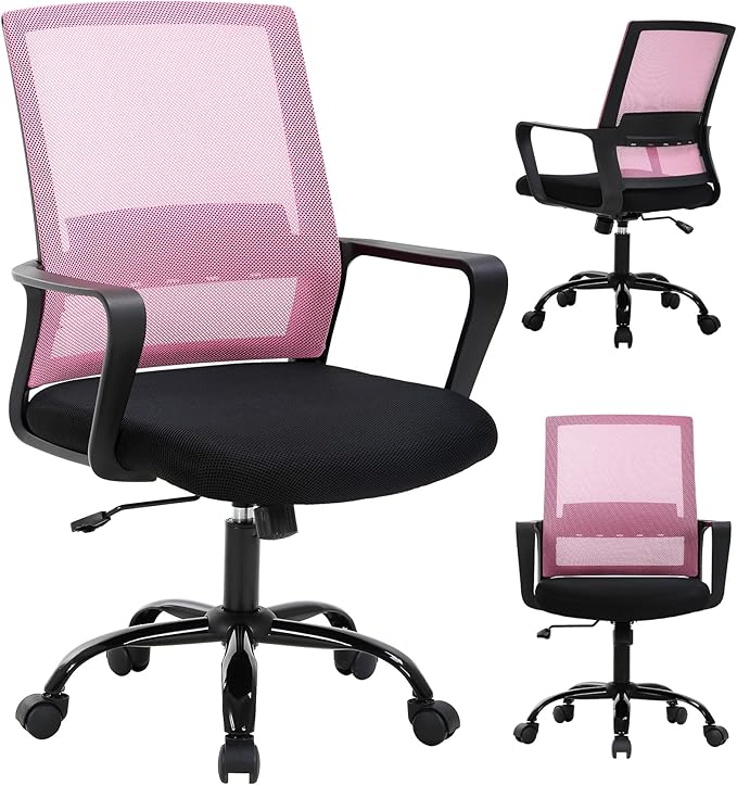 Ergonomic Office Chair, Breathable Mesh Desk Chair, Swivel Computer Chair with Wheels & Adjustable Height & Comfort Seat for Home Office, Gaming Room, Pink
