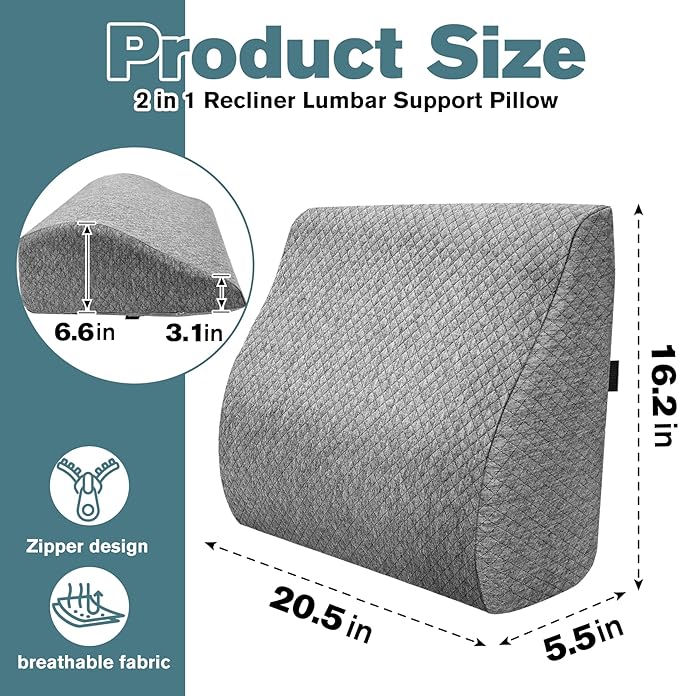 Recliner Lumbar Support Pillow Ergonomic Foam Cushion with Anti-Slip Backing & Adjustable Strap for Chair, Sofa, or Glider(Grey)