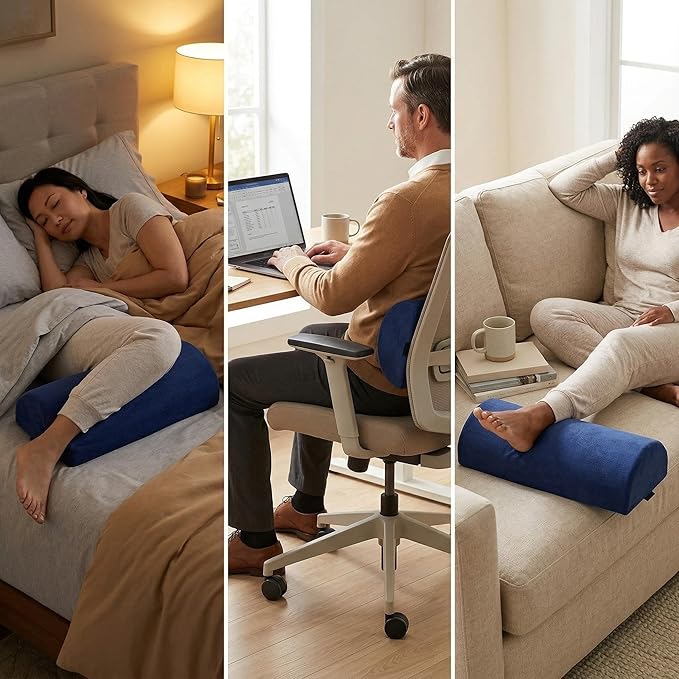 Under Knee Pillow, Half Moon Leg Pillow - Memory Foam Ergonomic Support Pillow for Side & Back Sleepers, Pain Relief & Alignment, Under Knee, Lumbar & Multi-Use Bolster Blue