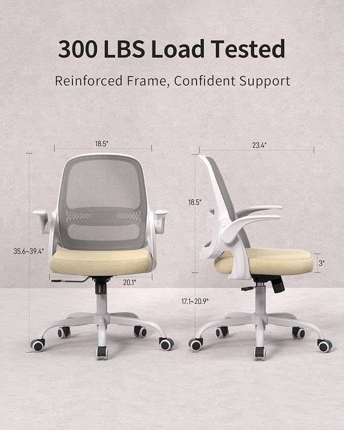 Ergonomic Mesh Office Chair with Flip-Up Arms, Adjustable Height, Breathable Mesh Back & Thick Cushion Seat, 360° Swivel Rolling Computer Desk Chair, BIFMA Certified, Supports 300 lbs (Beige)