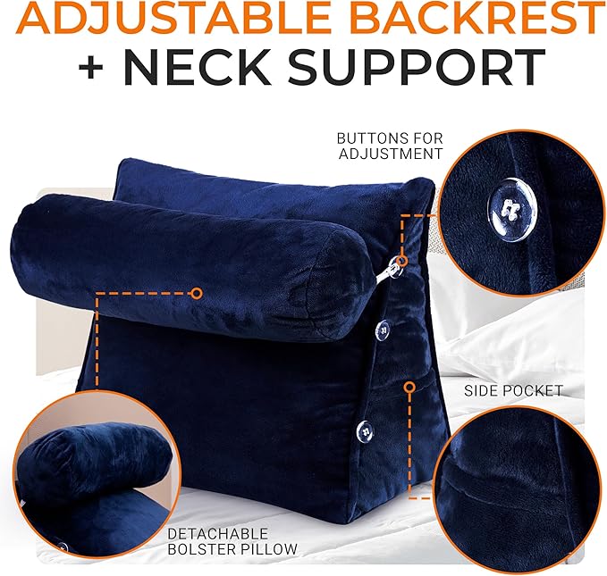Cheer Collection Reading Wedge Pillow – TV Pillow with Adjustable Bolster Pillow, Memory Foam Back Support for Couch & Bed, Pillow Chair for Bed, Reading Pillows for Adults & Kids, Navy Blue