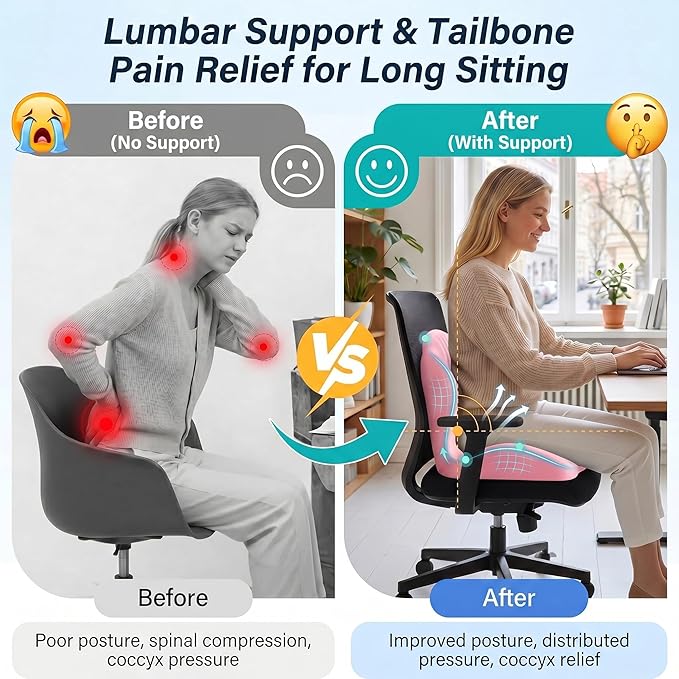 Ergonomic Office Chair Seat Cushion, L-Shaped Memory Foam Coccyx Cushion for Tailbone Pain Relief, Orthopedic Car Seat Cushion with Lumbar Support & Cutout Hollow for Sciatica & Back Pain (Pink)