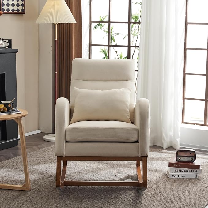 VINGLI Beige Linen Nursery Rocking Chair with Thick Headrest,Mid-Century Modern Nursing Rocker,Upholstered Glider with Curved Armrest, Sturdy Solid Wood Base for Living Room, Bedroom, Baby Room