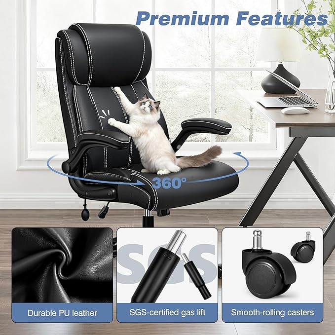 BESTFAIR Ergonomic Office Chair - Desk Computer Chair, Leather High Back Executive Chairs with Adjustable Lumbar Support & Flip Up Arms, Black 8 Pack