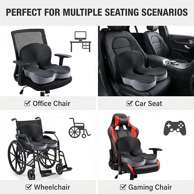 Ergonomic L-Shaped Memory Foam Seat Cushion for Office Chair & Car Seat, Breathable Sitting Pad for Long Sitting Relief, Tailbone & Hip Support Cushion for Driving, Desk Chair, Wheelchair