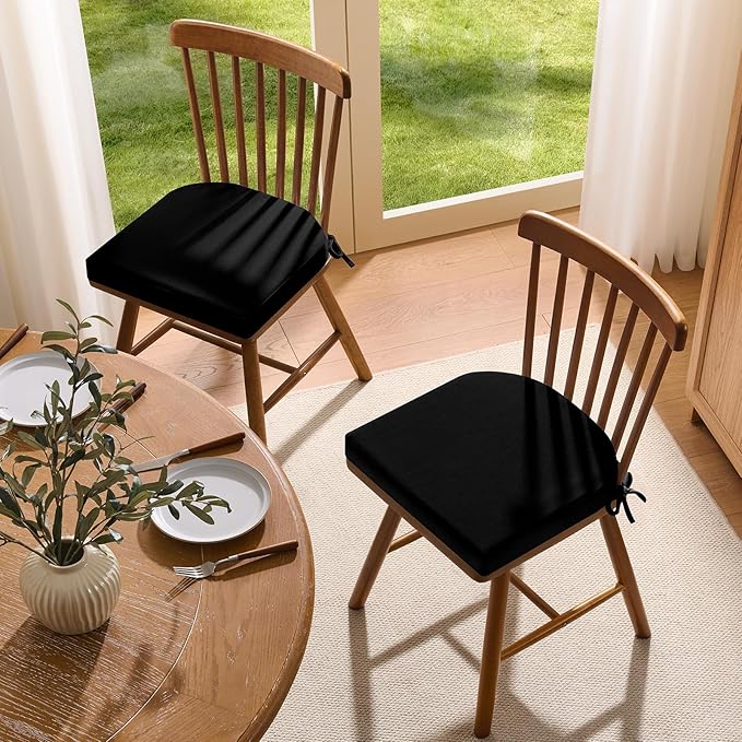 downluxe Chair Cushions for Dining Chairs, Memory Foam Linen Kitchen Chair Pads with Ties, Waterproof, Stain-Resistant and Washable Cover, 17" x 16" x 2.5", Black, 6 Pack