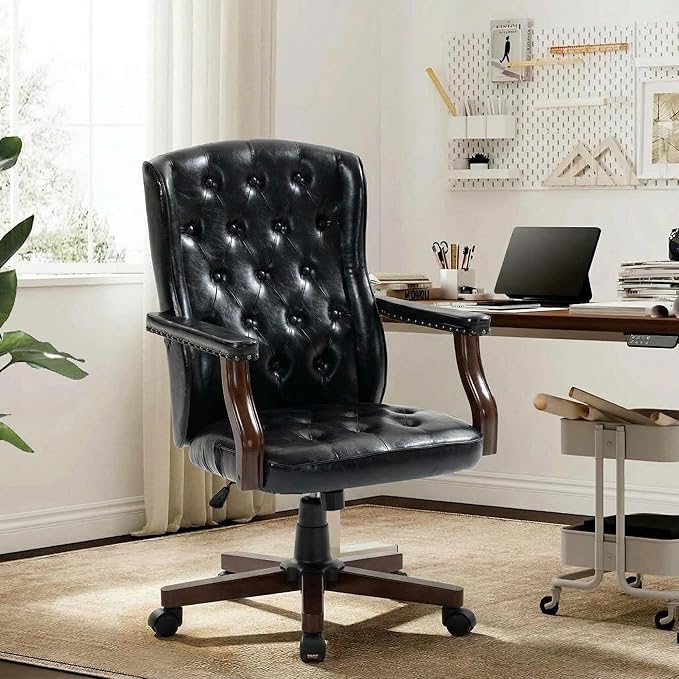Executive Office Chair, Ergonomic Faux Leather Desk Chair with Wingback Design, Swivel Adjustable Home Office Chair for Computer Desk, Comfortable Task Chair for Home Office, Black