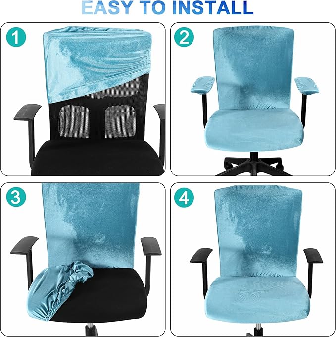 Tallew 4 Pcs Office Chair Covers Set Computer Universal Protective Stretchable Chair Seat Covers Desk Armrest Slipcovers Pads Office Cushion Backrest for Rotating(Lake Blue)