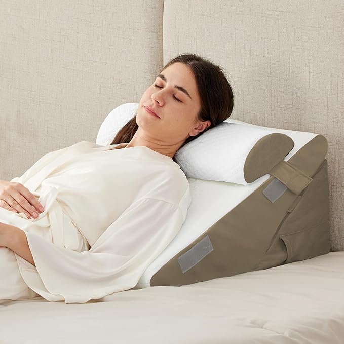 Ruqmuis 3PCS Wedge Pillow Set for After Surgery, Adjustable 9&12 Inch Bed Wedge Pillow for Sleeping, Incline Pillow Wedge for Headboard, Post Surgery, Acid Reflux, Neck&Back Support, Brown