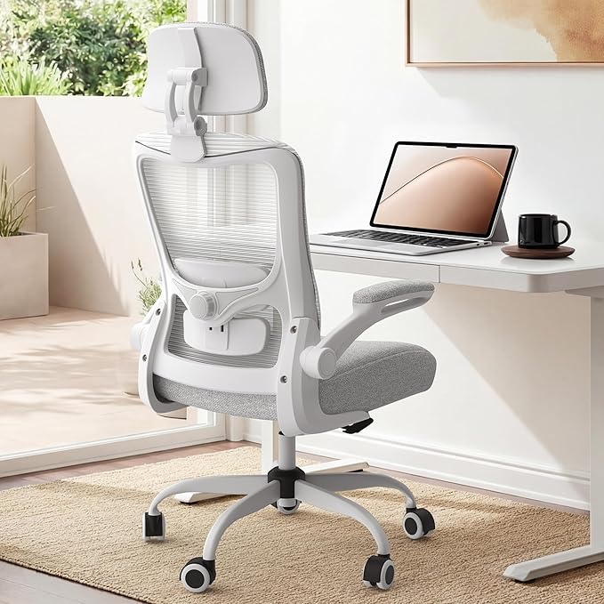 Office Chair, Ergonomic Mesh Desk Chair with Adjustable Lumbar Support and Headrest, Flip-up Armrests, High Back Computer Task Chair for Home and Executive Office (W-All Grey)