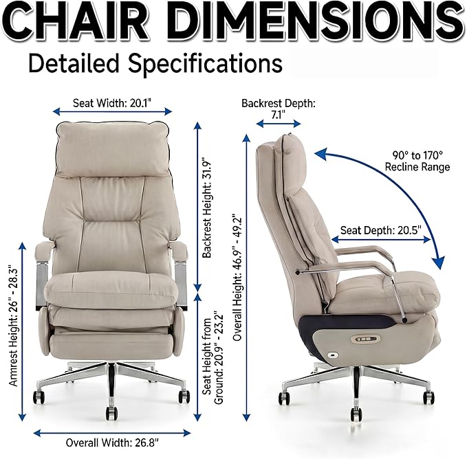 Dual Motor Executive Reclining Office Chair with Footrest – One-Click Electric Recline, Massage Lumbar Support & Pillow, Big and Tall PU Leather Ergonomic Desk Chair for Home Office/Gaming(White)