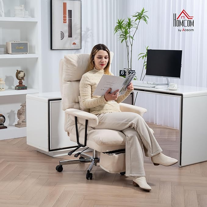 HOMCOM Large Overstuffed Office Chair with Lumbar Support, High Back Reclining Executive Corduroy Computer Desk Chair with Footrest, Swivel Wheels, Cream White