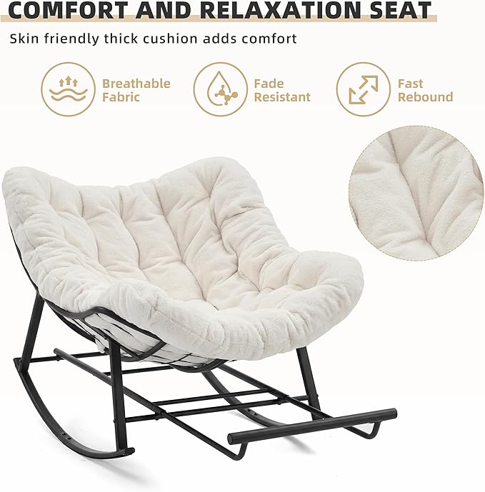 Oversized Rocking Chair Indoor with Foot Rest, Papasan Rocking Chair Outdoor, Lounge Chair with Cushion, Patio Egg Rocker Chairs, Comfy Reading Chairs for Living Room, Garden, Lawn, White