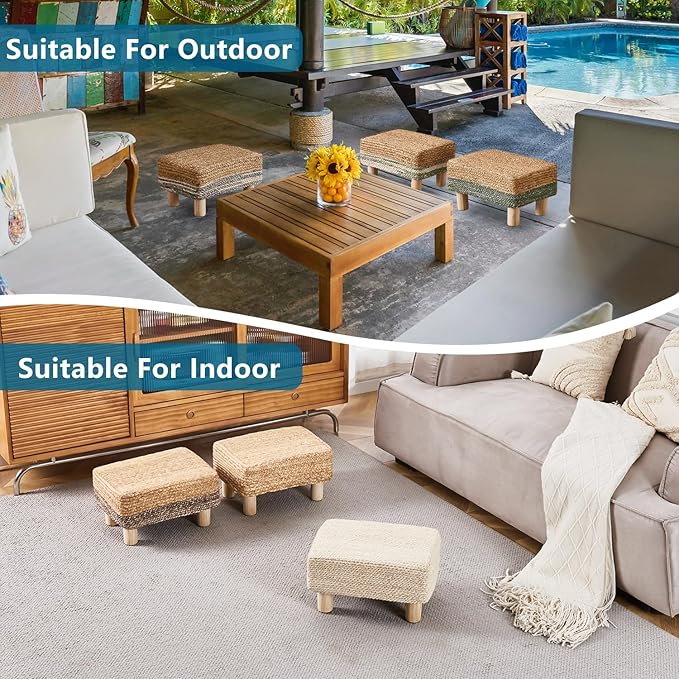 Wimarsbon Natural Seagrass Footstool Ottoman Rectangular Footrest Pouf Ottomans with Wooden Legs Hand Weave Step Stool for Living Room Bedroom Entryway Purple