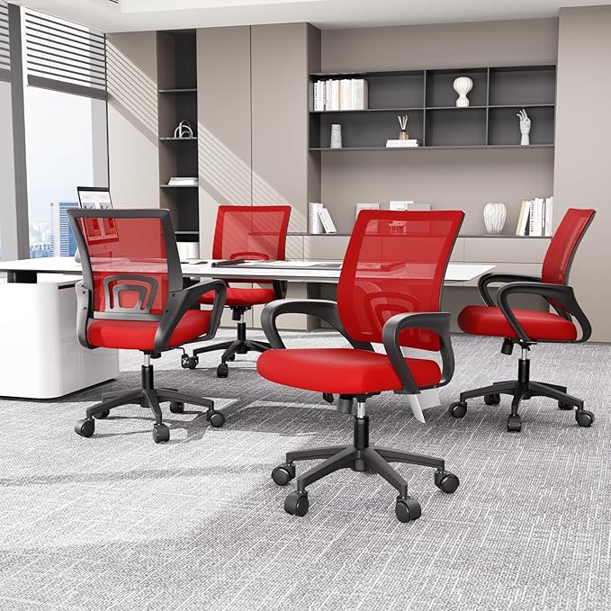 Magshion Ergonomic Office Chair 10 Pack, Mid-Back Mesh Desk Chair, Adjustable Swivel Computer Chair with Lumbar Support & Breathable Backrest for Gaming, Work, Study, 300 Lbs Capacity, Red