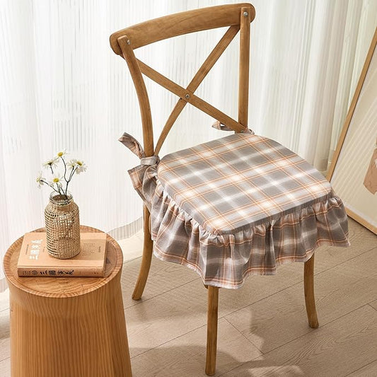 vctops Plaid Cotton Chair Cushion for Kitchen Dining Room Chairs Farmhouse Scottish Tartan Thin Seat Cushion Soft Foam Non Slip Chair Pad with Removable Cover (Grey Orange,16"x16")