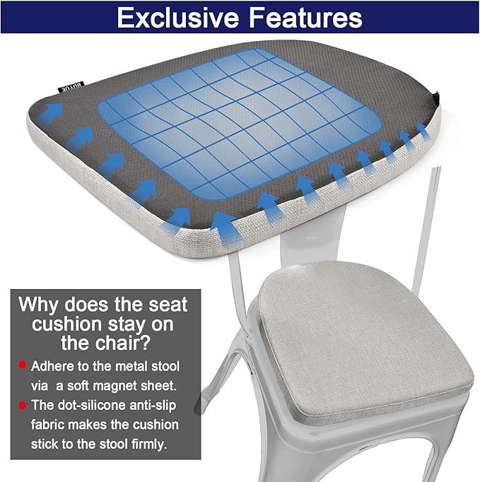 BUYUE Friendly Woven Fabric 14x14 Magnetic Cushions for Metal Chair Set of 4, Enhanced Anti-Slip Seat Pads for Dining Kitchen Café Stackable Chairs (U-Shape, Light Grey, 4 Counts)