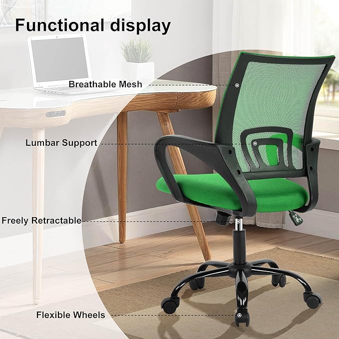Computer Desk Chair,Work Chairs for Home Office,Ergonomic Office Chair with Lumbar Support,Mesh Office Chair with Arm and Wide Comfortable Seat,Adjustable Rolling Office Chair,Green