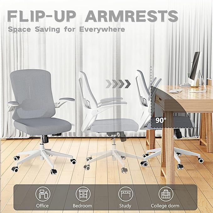 Ergonomic Office Chair - 350LB Comfy Desk Chairs with Lumbar Back Support, Mesh Computer Chairs with Wheels and Arms for Home Office, Study (Gray-Without Headrest)