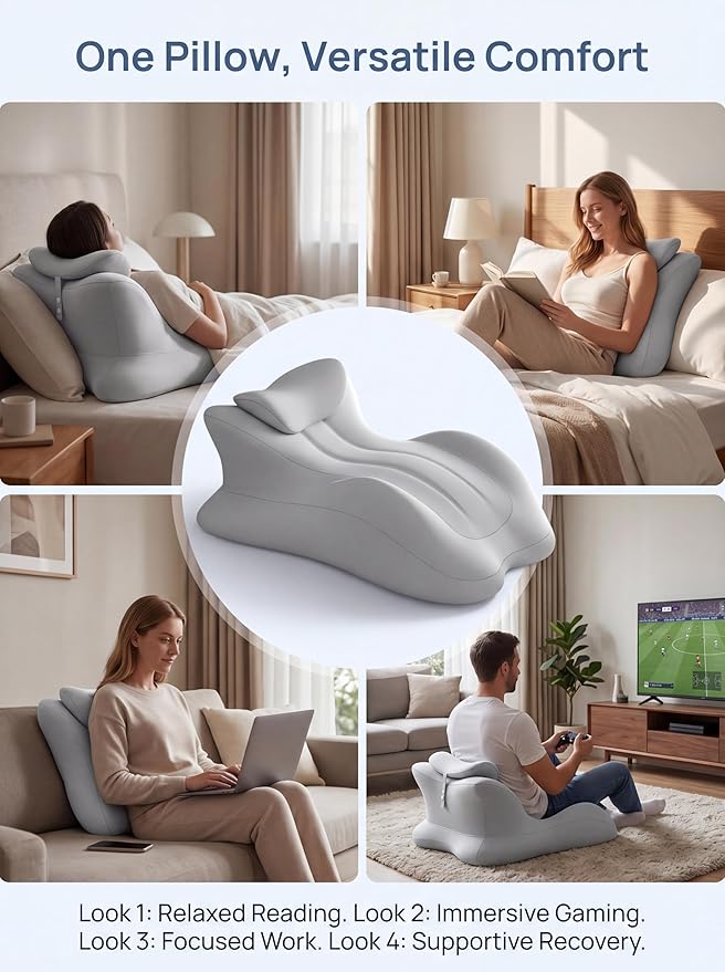 27°Ergonomic Contour Pillow-Memory Foam Back Support for Reading,Bed Rest&Post Surgery Recovery,Lumbar & Neck Pain Relief Cushion (Upgrade to Plus Size Gray 23.62 x 17.32 x 11.02 inches)