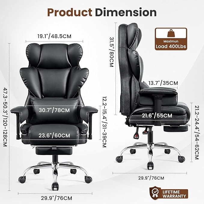 BESTFAIR Big and Tall Office Chair - Heavy Duty 400 LBS Executive Chair with Lumbar Support & Foot Rest, Plus Size Ergonomic Desk Chair, Padded Wide Seat, Adjustable Armrests, Flat Black