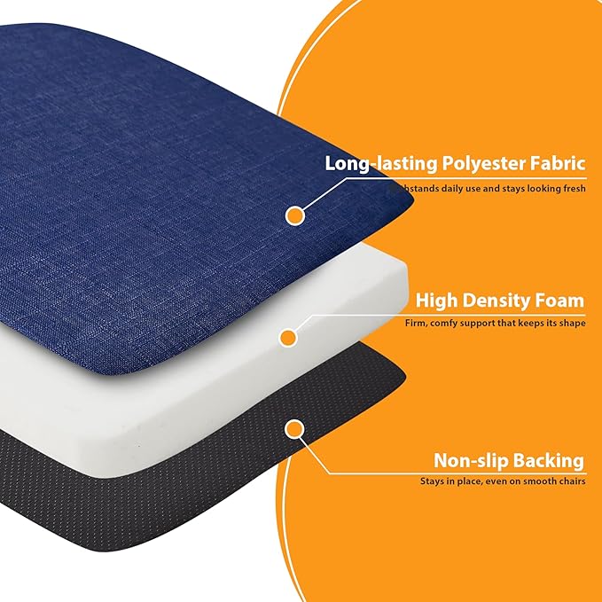 Ruqmuis Chair Cushions for Dining Chairs, 2" Thick Seat Cushions for Kitchen Chairs, D-Shaped Chair Pads with Washable Cover, Ties and Non Slip Backing, 17'' x 16'', Set of 4, Blue
