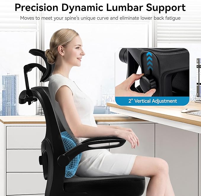 AreShark Office Chair-Ergonomic Desk Chair with Hidden Hanger & Flip-Up Arms, High Back Mesh Computer Chair with 2D Headrest & Adjustable Lumbar, Comfy Rolling Task Chair for Home Work Gaming, Black
