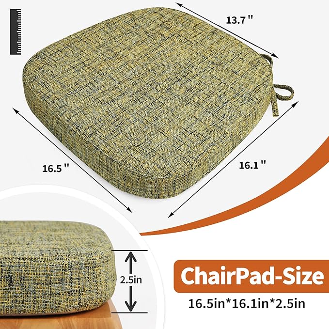 SINOSSO Thickened 2.5" Dining Chair Cushions, Soft Blended High Density Support Foam Kitchen Seat Cushions with Ties, U-Shaped Non-Slip Indoor Chair Pads, 16.5" x 16", 4 PCS, Yellow