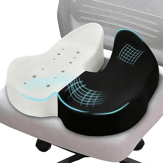 Seat Cushions for Office Chairs & Car, Ergonomic Memory Foam Seat Cushion with Breathable Holes for Tailbone Pain Relief, Sciatica