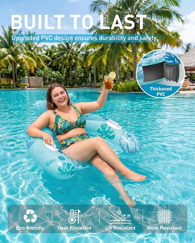 HLDIRECT Inflatable Pool Floats Adult, Floating Pool Chair with Cup Holders for Swimming Pool, Water Chair Pool Lounger with Handles & Ergonomic Headrest for Party Summer Water Fun