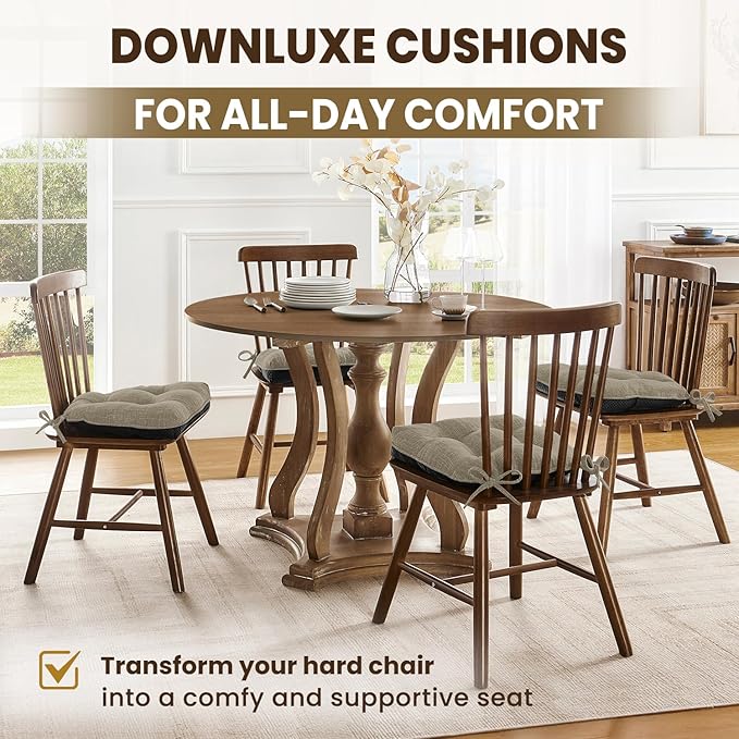 downluxe Indoor Chair Cushions for Dining Chairs, Tufted Overstuffed Textured Kitchen Chair Pads with Ties and Non-Slip Backing, 16.5" x 16.5" x 4", Khaki, 4 Pack