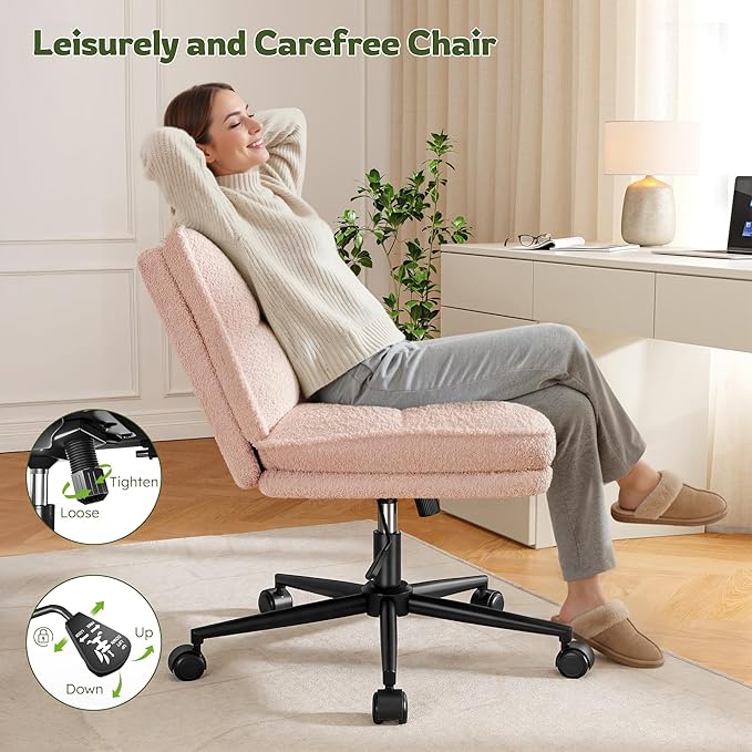 DurayLoly Criss Cross Chair with Wheels, 6.2" Extra Thick Cross Legged Office Chair, Height Adjustable Swivel Design for Home Office, Study & Vanity,Pink