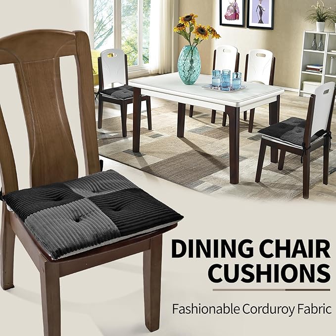 Office Stacking Chair Cushions 4 Pack, Corduroy High Density Foam Kitchen Seat Cushions with Ties, Square 17" x 17" Indoor Non-Slip Dining Chair Pads, Black+ Grey，4pcs