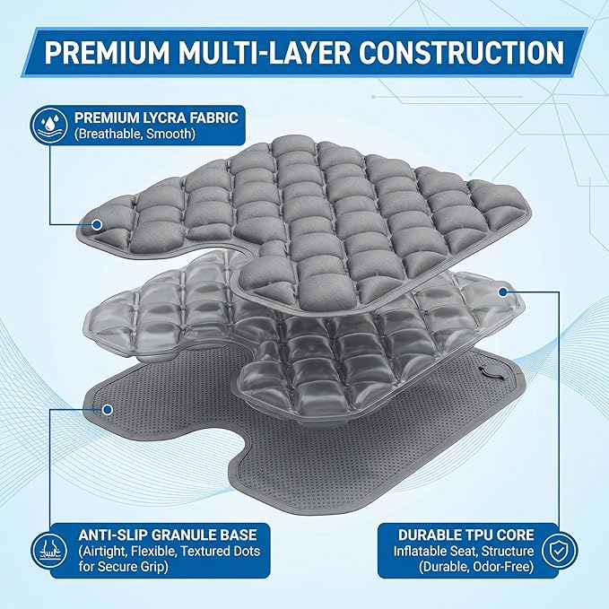 Inflatable Seat Cushion, U-Shaped Coccyx Cushion for Office Chair, Car & Wheelchair, Ergonomic Pressure Relief for Tailbone & Sciatica, Adjustable Firmness, Non-Slip Seat Pad for Long Sitting