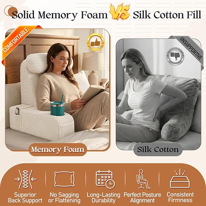 Reading Pillow/Backrest Pillow with Arms, Cup Holder & Phone Pocket - Bed Rest Pillow with Adjustable Headrest, Corduroy Fabric for Back Support in Bed/Sofa/Floor (Off-White, 19 INCH)