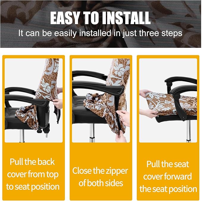 Smiry Stretch Printed Office Computer Chair Covers, Universal Desk Rotating Chair Slipcovers Removable Washable, Soft Fit Anti-Dust Spandex Protector Cover with Zipper, Brown and Blue